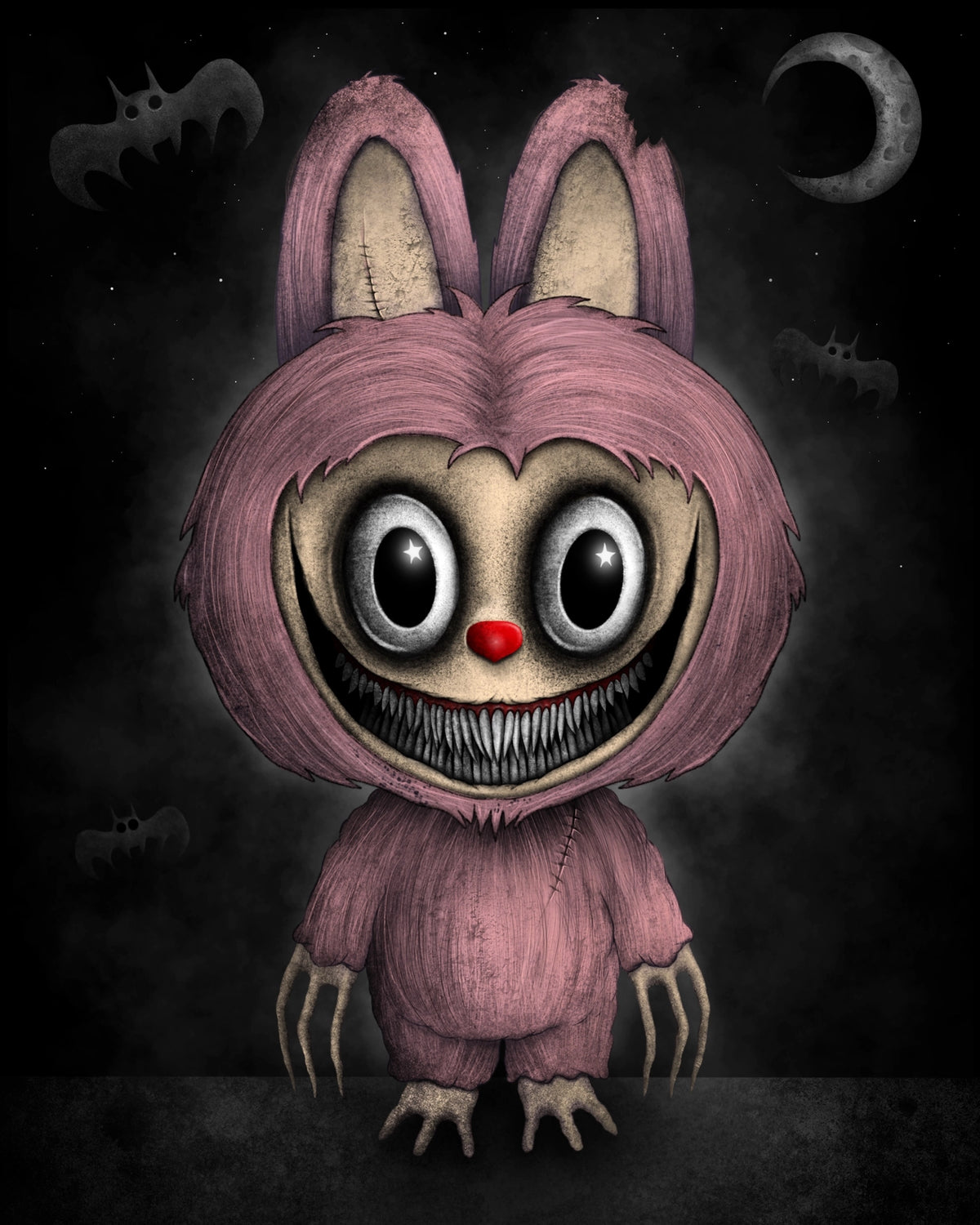 Creeptoons dark horror art print of Labubu in pink reimagined with hollow black eyes, sharp jagged teeth, pointed ears, and a creepy cute decayed expression on a black background