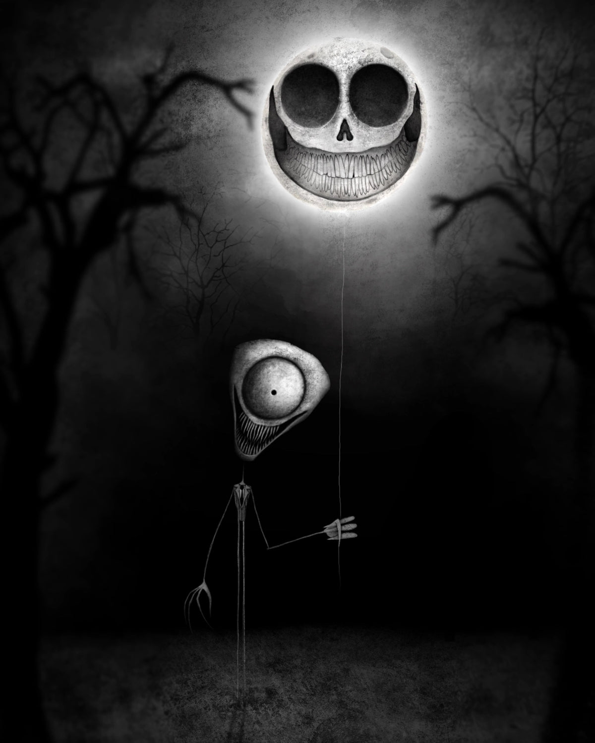 Creeptoons dark horror art print of a skeletal figure holding a glowing skull moon balloon with hollow eye sockets and a wide grin against a misty black background with bare twisted trees