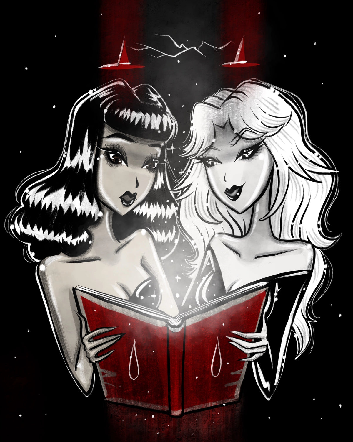 Stylized black and white illustration of two women reading a red book against a dark starry background, with red lightning-like streaks above them.