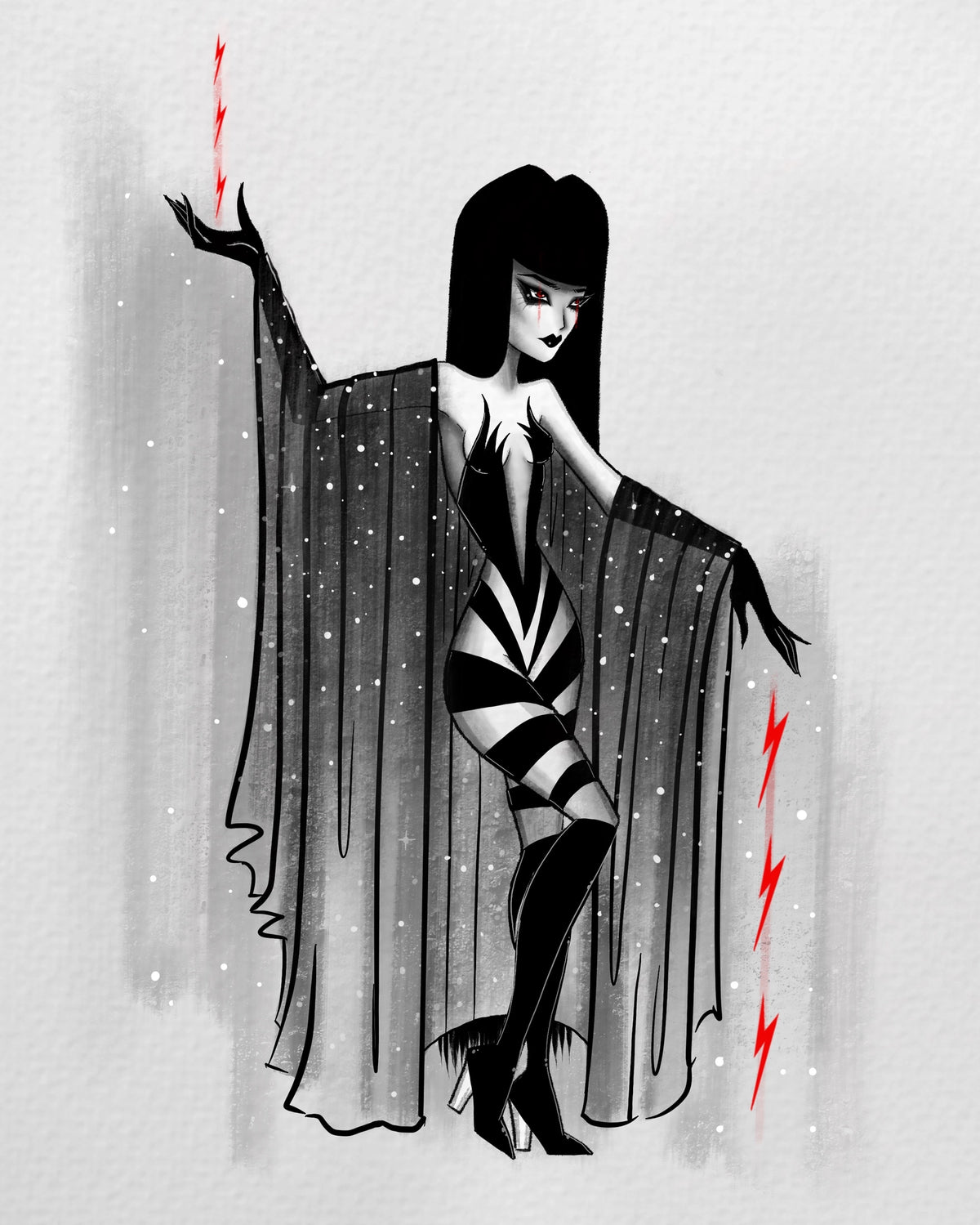 A stylized black and white illustration of a woman in a dramatic, gothic outfit with a flowing cape, standing against a light textured background. The artwork includes small white sparkles and red lightning-bolt accents.