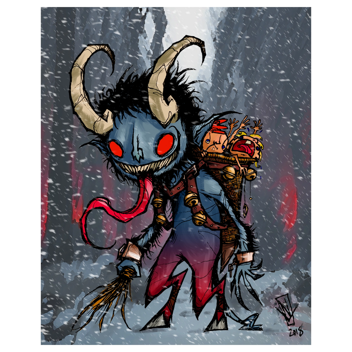 A stylized fantasy illustration Krampus, a horned blue creature with glowing red eyes and a long red tongue carrying a small child-like figure, set against a snowy gray background with red light streaks.