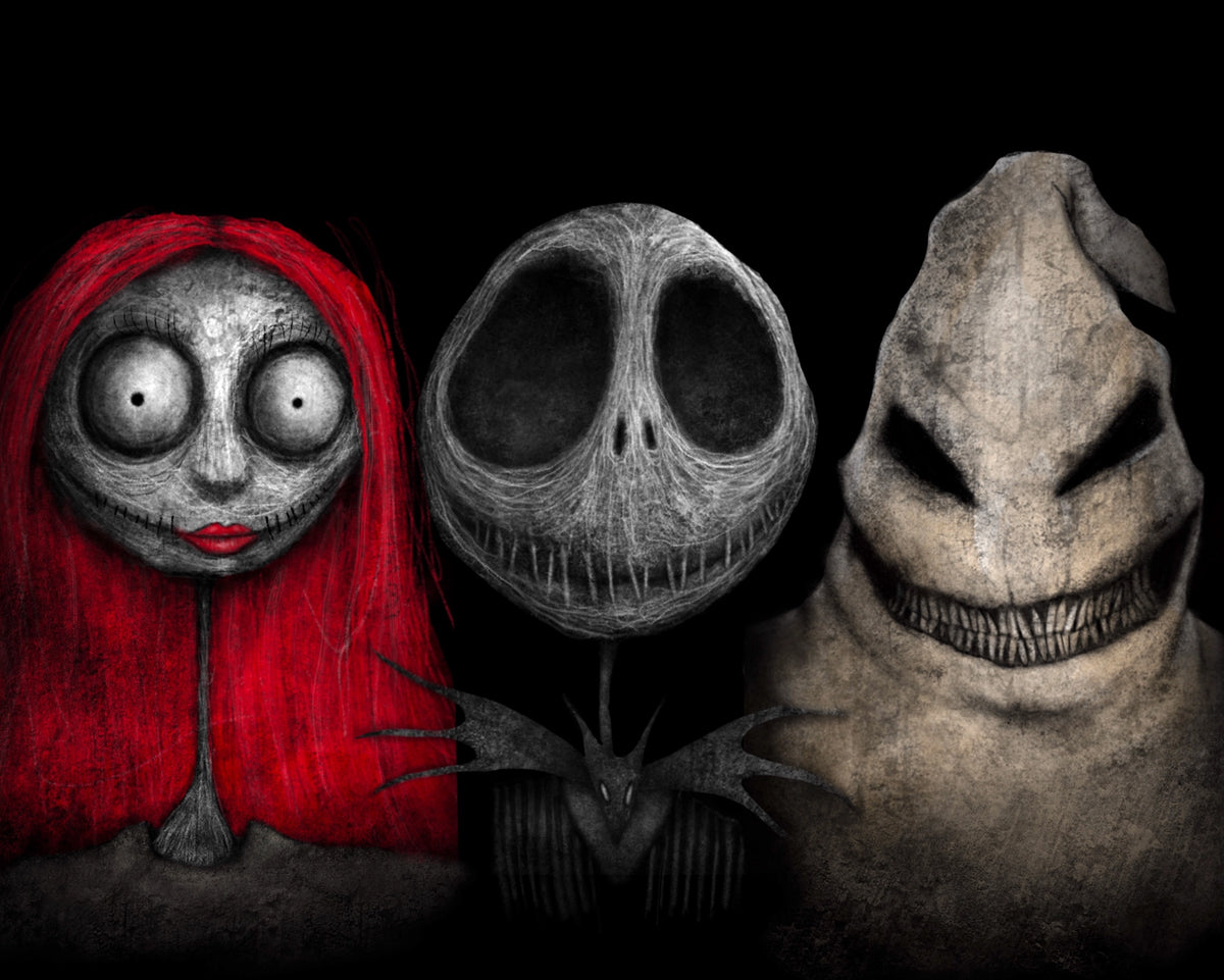 Creeptoons dark horror art print of Jack Skellington, Sally, and Oogie Boogie from Nightmare Before Christmas reimagined with hollow dead eyes, decayed textures, and gothic decay on a black background