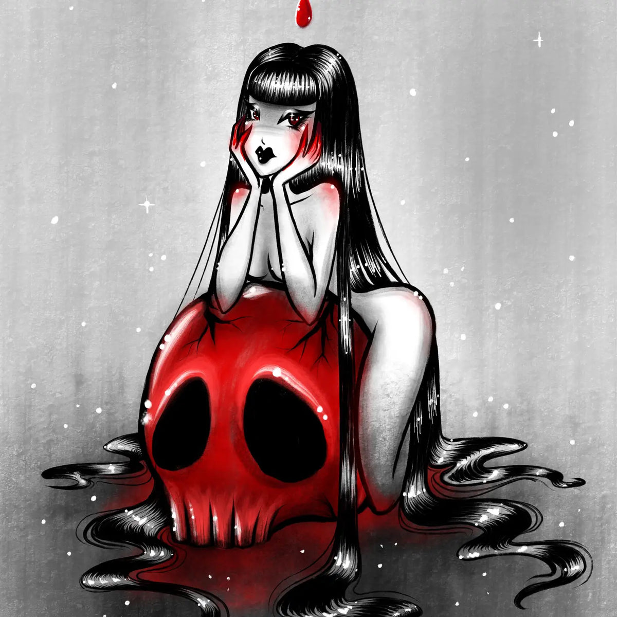 Gothic illustration of a pale woman with long black hair sitting on a large red skull, with a red drop hanging above her head against a textured gray background.