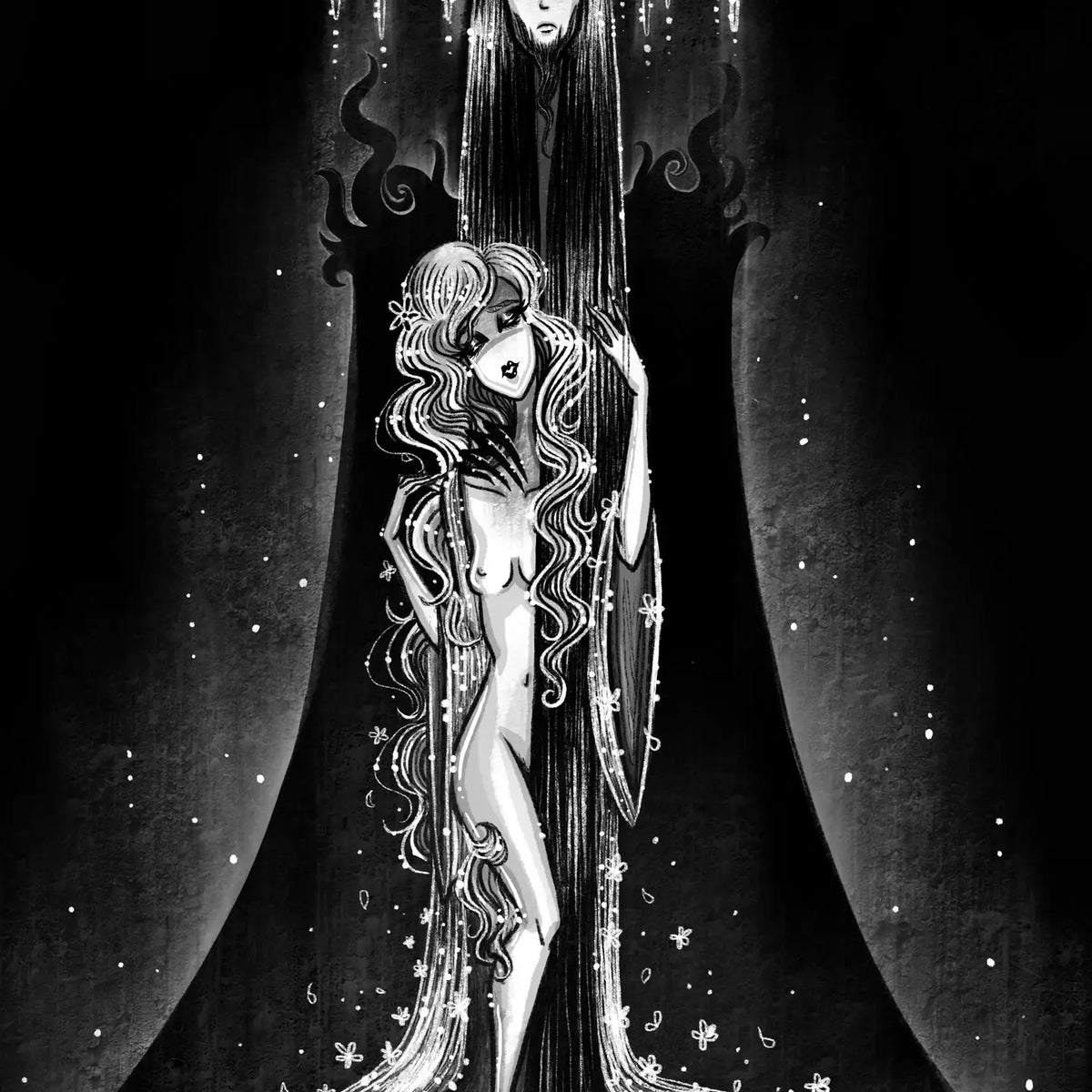 Black and white gothic art print featuring a stylized nude female figure with long flowing hair, set against a dark celestial background with stars and a large shadowy form behind her.