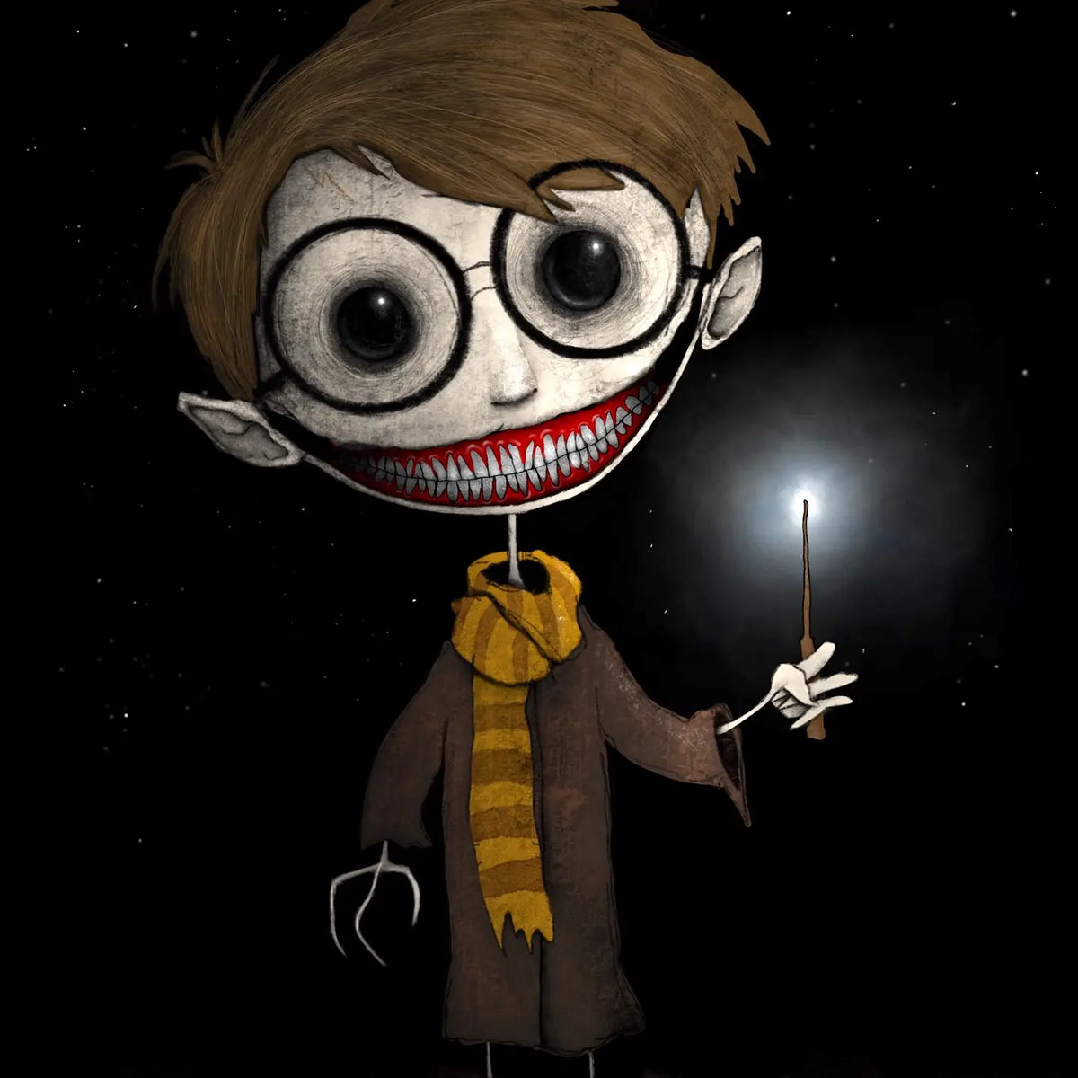 Creeptoons dark horror art print of Harry Potter reimagined with hollow dead eyes, cracked pale skin, tattered robes, lightning bolt scar, and gothic decay on a black background