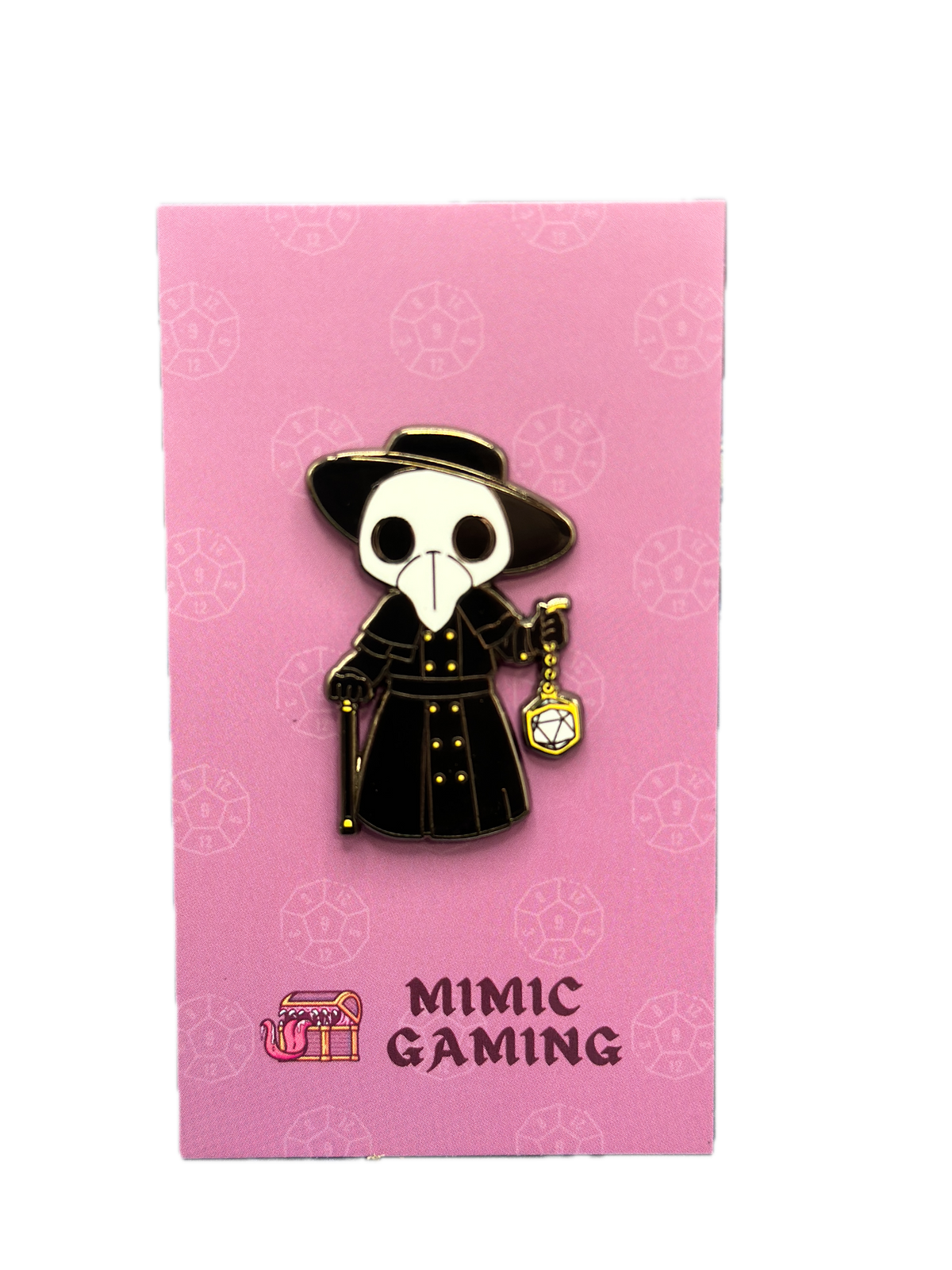 Plague doctor enamel pin displayed on pink Mimic Gaming backing card