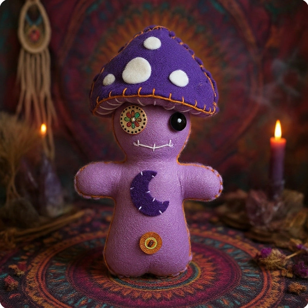 Purple Mushroom Poppet Doll, Handmade Felt Witch Companion