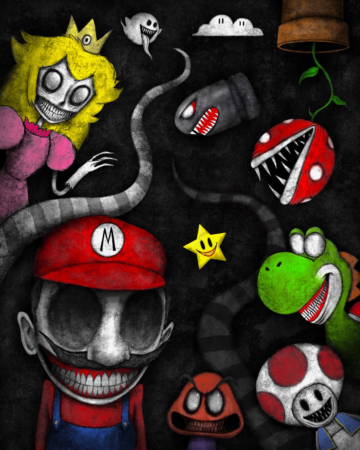 Creeptoons dark horror art print of Super Mario reimagined as a decayed figure with hollow black eyes, cracked red cap, pale rotting skin, and a wide unsettling grin on a black background