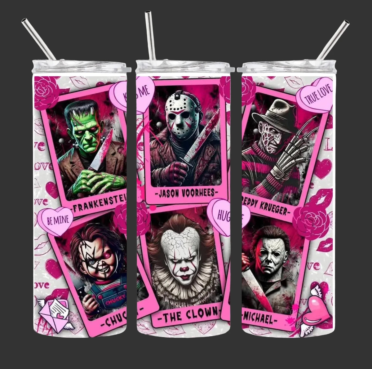 Three clear plastic straws in white pink and white tumbler showing all three sides with pink and black horror-themed prints featuring Frankenstein, Jason Voorhees, Freddy Krueger, Chucky, and Michael Myers, displayed on a black background.