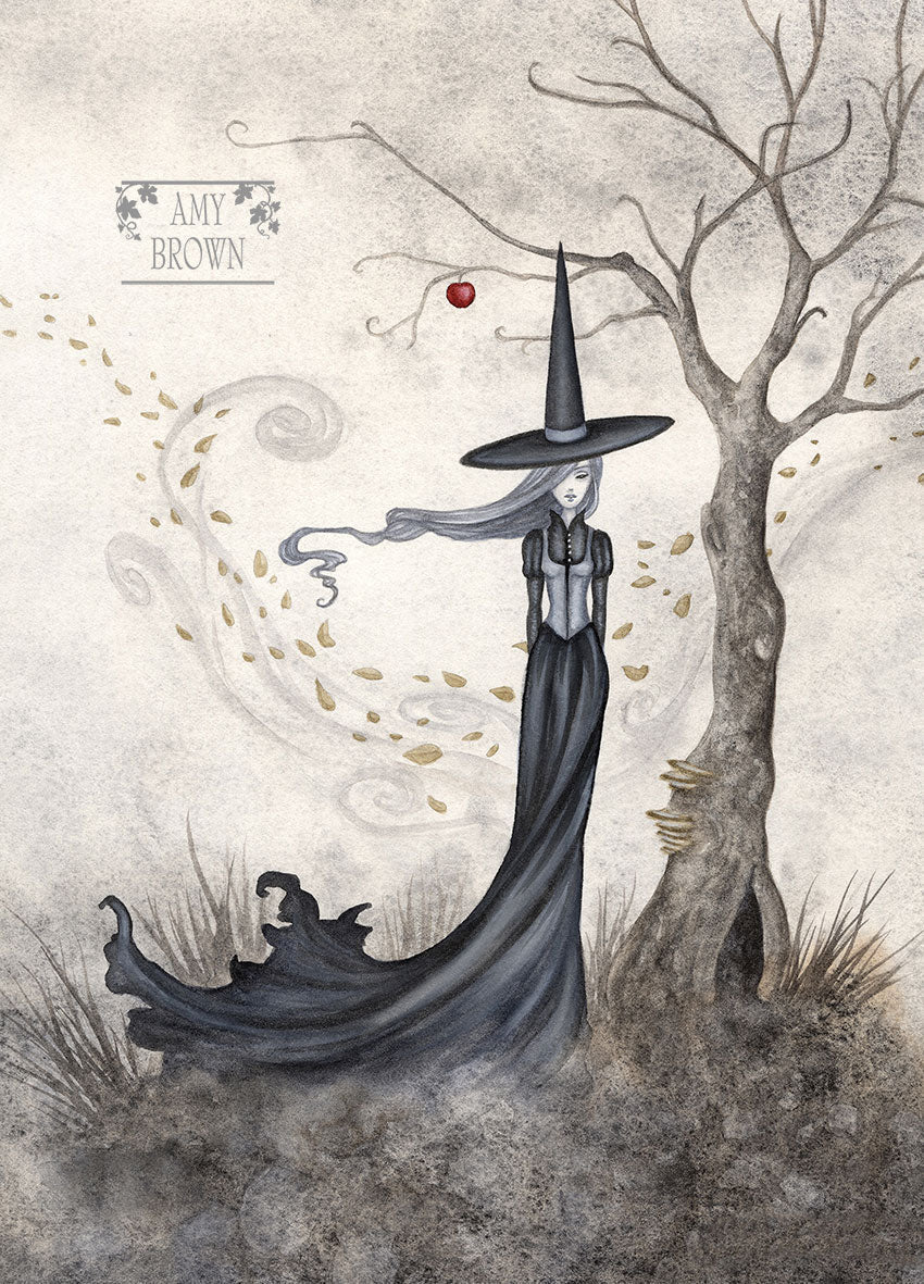 Amy Brown The Last Apple gothic witch mini print featuring a pale-haired witch in a black gown beneath a bare tree with one red apple and swirling leaves