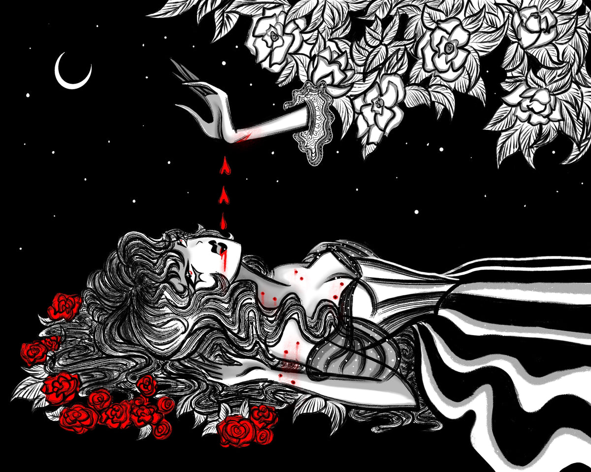 Black and white illustration of a reclining woman surrounded by red roses under a crescent moon, with a white floral arm reaching down toward her against a starry black background.