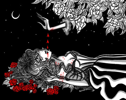 Black and white illustration of a reclining woman surrounded by red roses under a crescent moon, with a white floral arm reaching down toward her against a starry black background.