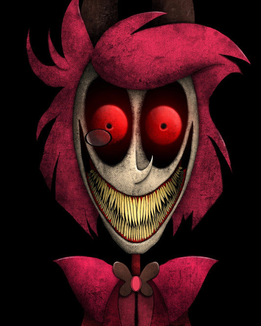 Creeptoons dark horror art print of Alastor the Radio Demon from Hazbin Hotel reimagined with hollow dead eyes, cracked antlered silhouette, static-distorted grin, and gothic decay on a black background