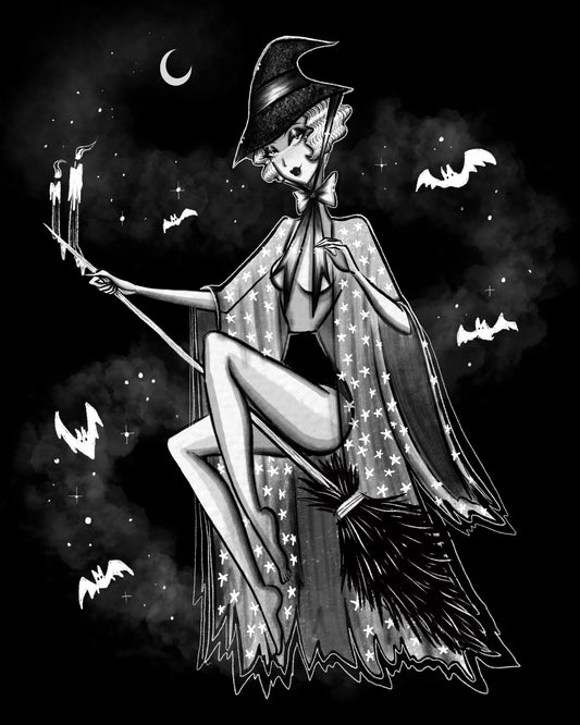 Black and white illustration of a witch sitting on a broomstick against a dark night sky with bats, stars, and a crescent moon.
