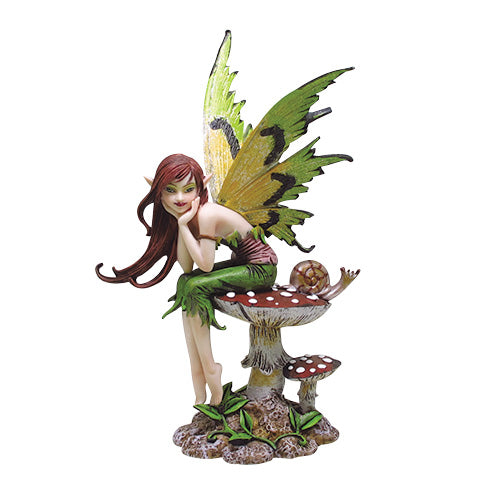 Amy Brown Thinking of You fairy figurine, green butterfly wings and auburn hair, leaning on red spotted mushroom with snail, hand painted cold cast resin