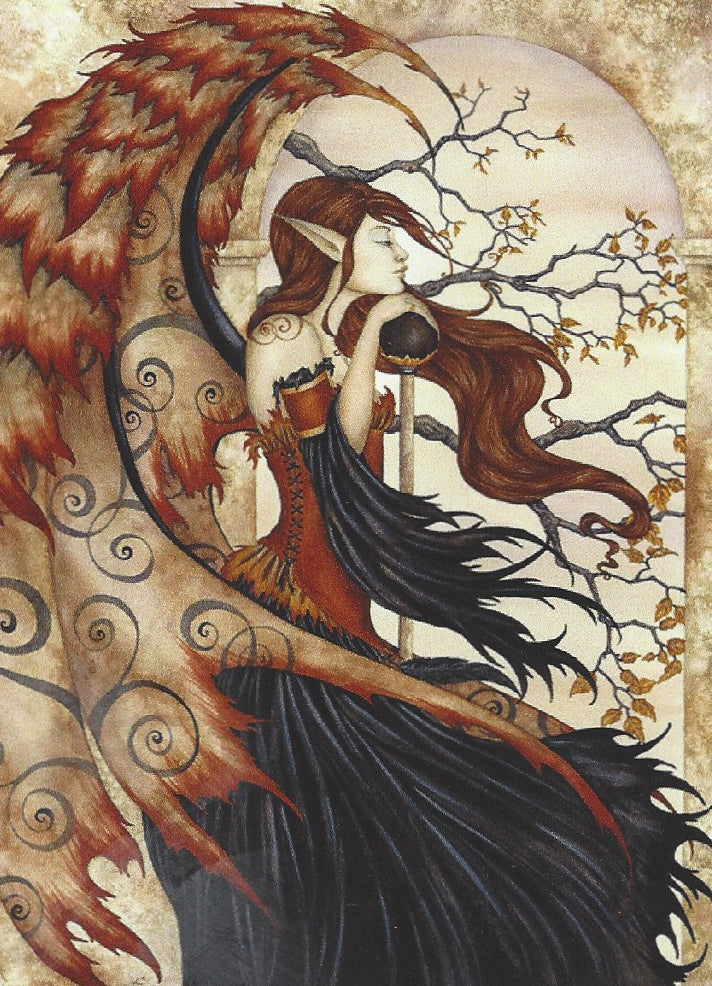 Fantasy art print by Amy Brown of a winged fairy with long brown hair, a black dress, and fiery orange-red wings, posed beside a tree with bare branches against a warm beige background.