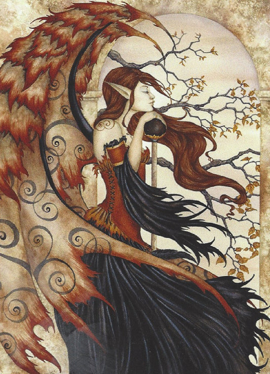 Fantasy art print by Amy Brown of a winged fairy with long brown hair, a black dress, and fiery orange-red wings, posed beside a tree with bare branches against a warm beige background.