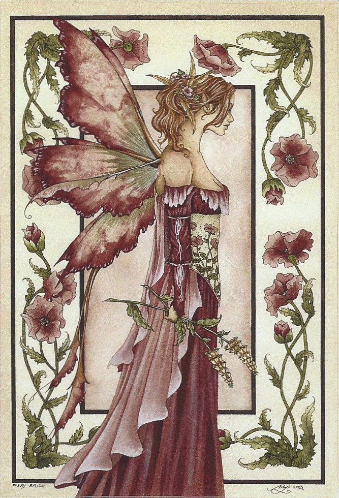 Vintage-style art print by Amy Brown featuring a fairy with large maroon wings and a flowing mauve dress, surrounded by floral vines and poppy-like flowers on an off-white background.
