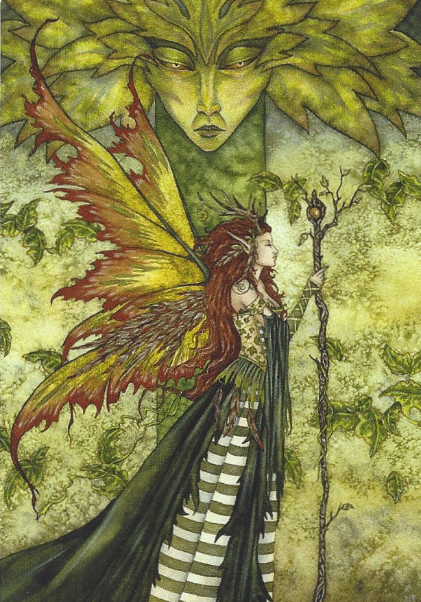 Fantasy illustration by Amy Brown of a fairy with large yellow and red wings, a striped dress, and a staff, set against a textured green and yellow background with a large leafy face above.