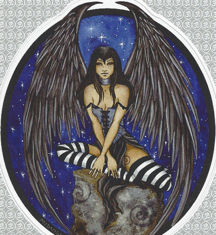 A circular fantasy illustration  by Amy Brown of a winged woman with large dark feathers, seated cross-legged against a deep blue starry sky. She wears a dark corset and black-and-white striped stockings, with a gray stone pedestal beneath her.