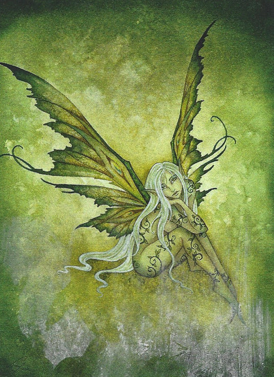 A fantasy illustration by Amy  Brown of a winged fairy with pale skin, long white hair, and large green-brown wings, set against a textured green and yellow background