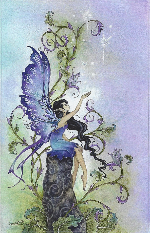 Fantasy art print by Amy Brown  of a fairy with purple and blue wings perched on a rock, surrounded by swirling green vines and small glowing stars against a soft pastel sky.