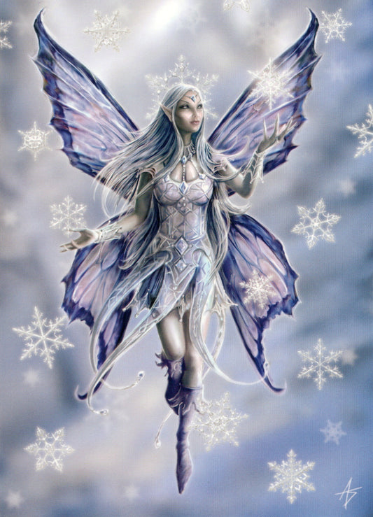 Fantasy artwork of an elf-like fairy with large translucent purple and blue wings, long silver-white hair, and a pale icy dress, surrounded by snowflakes against a soft blue snowy background.