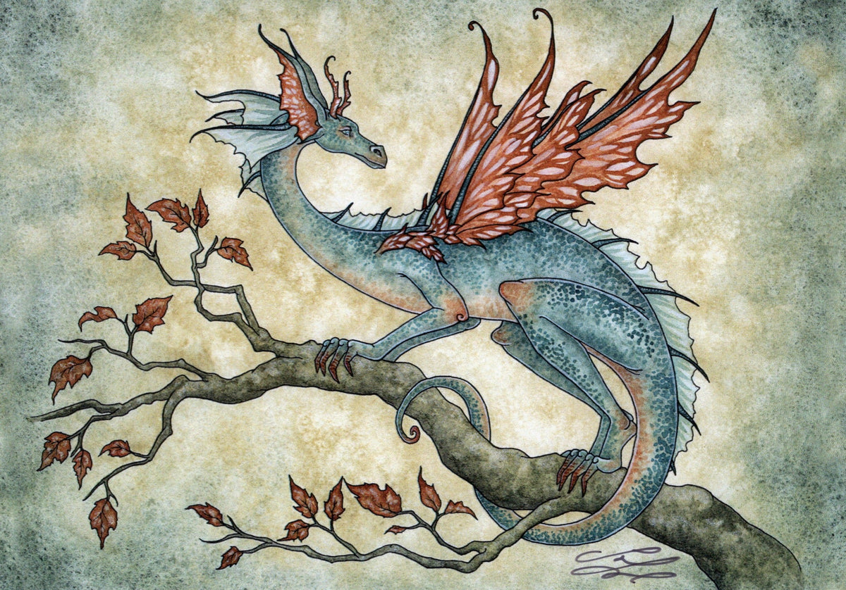 Amy Brown Autumn Wings fantasy art print featuring a teal dragon with butterfly wings perched on an autumn branch