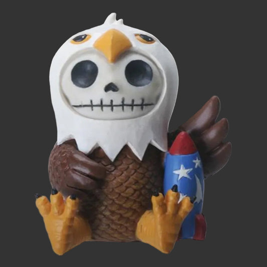 Skull-faced Furrybones eagle named Baldie holding a rocket with American flag design on a black  background