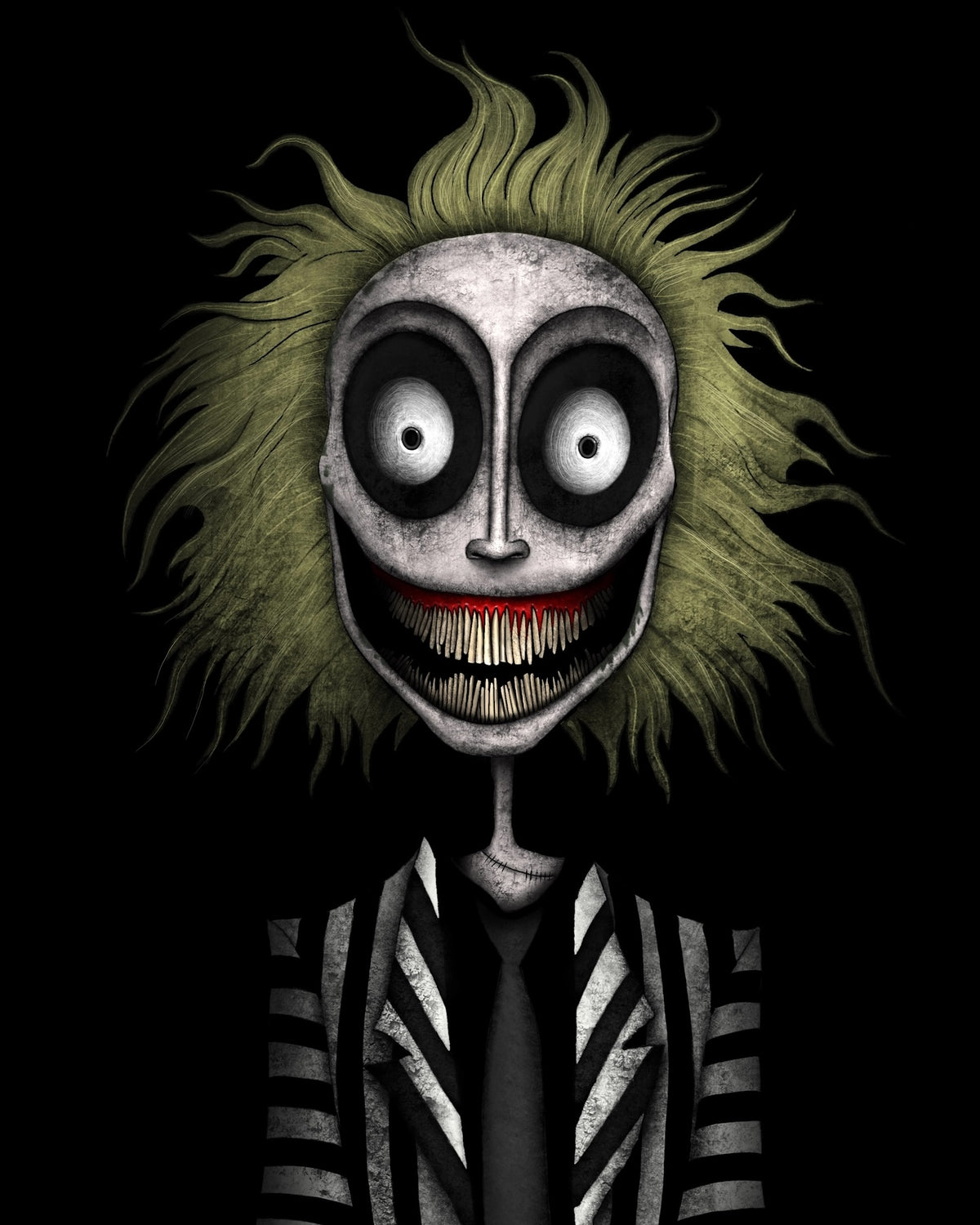 Creeptoons dark horror art print of Beetlejuice reimagined with hollow dead eyes, cracked pale skin, wild white hair, tattered black and white striped suit, and gothic decay on a black background