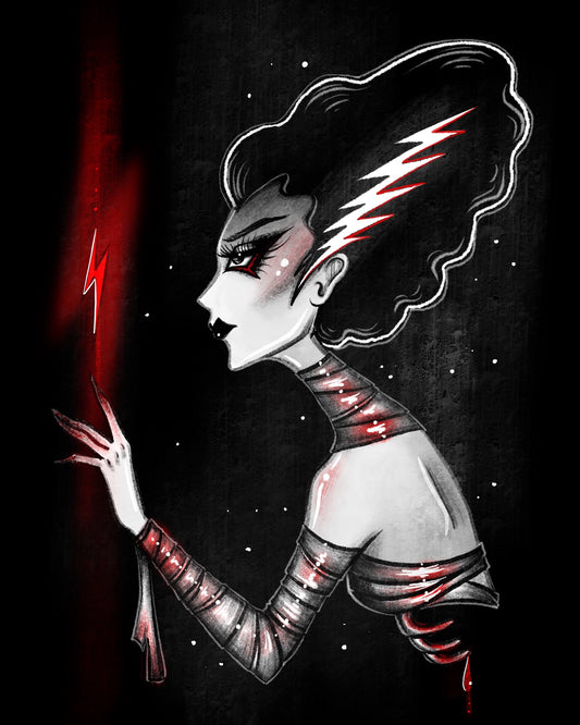 Gothic illustration of a woman in profile with dramatic black hair, pale skin, and red lightning accents, set against a dark starry background with a red vertical lightning strike on the left.