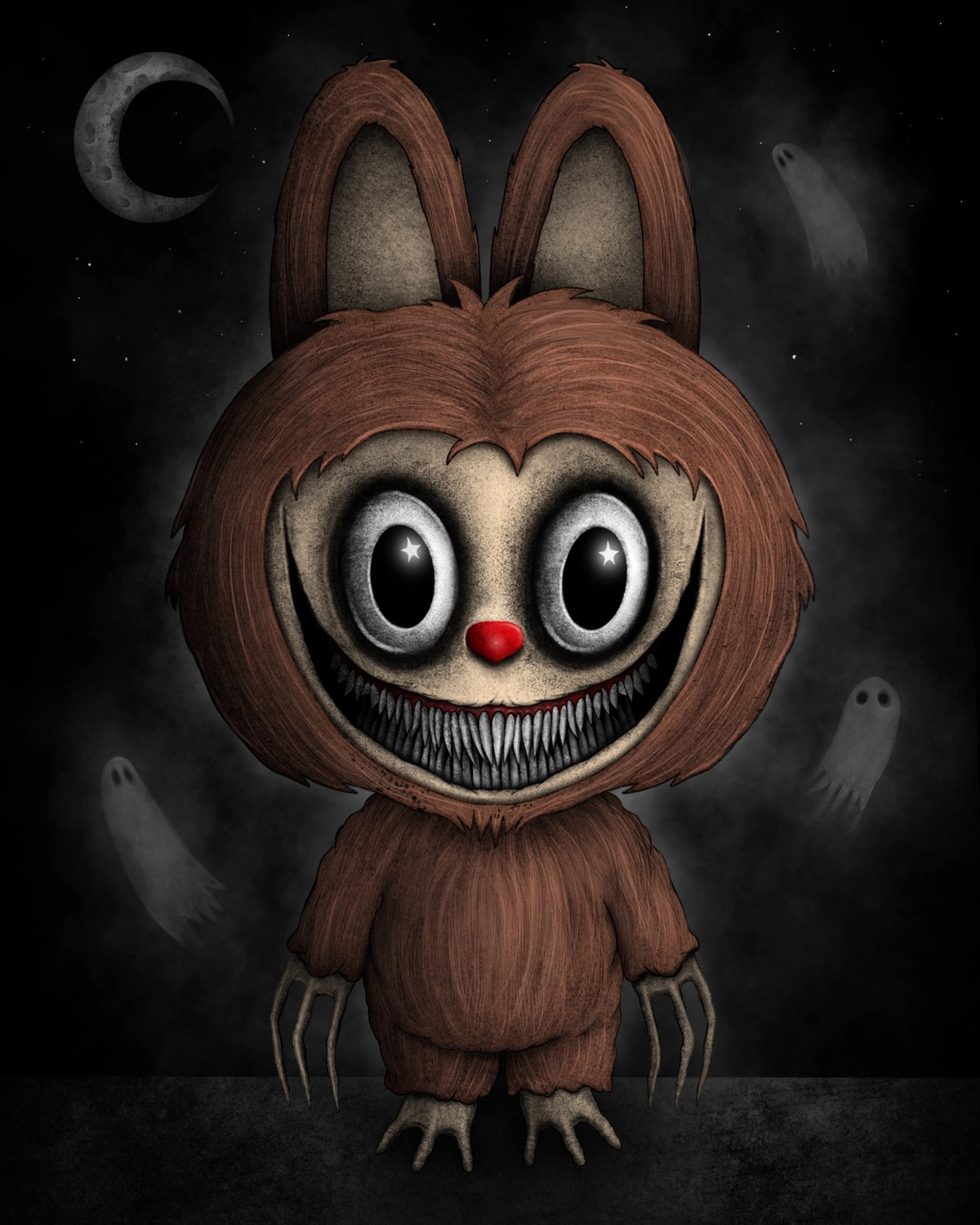 Creeptoons dark horror art print of Labubu reimagined with hollow black eyes, sharp jagged teeth, pointed ears, and a creepy cute decayed expression on a black background