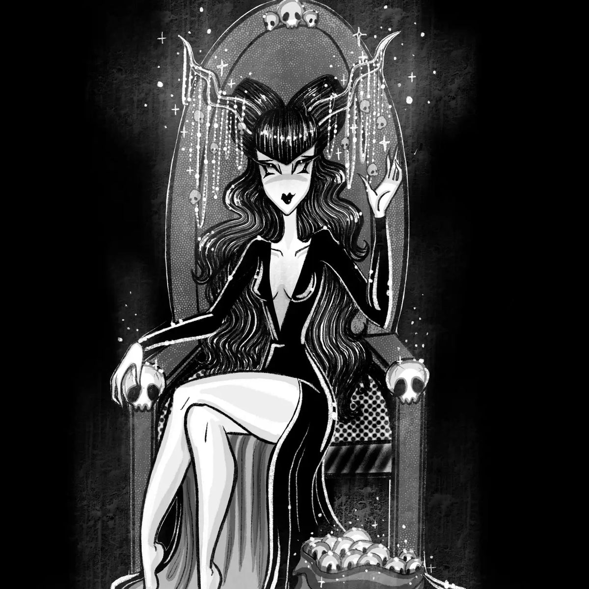 Black and white gothic illustration of a horned woman seated on a throne with skulls and hanging lights, set against a dark textured background.