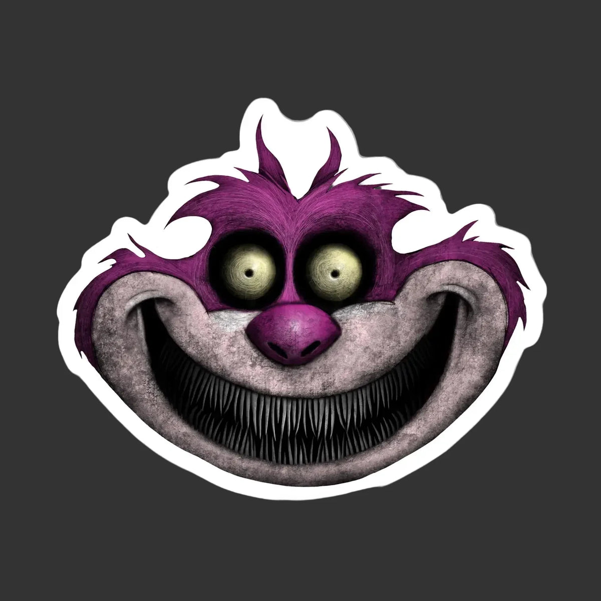 A die-cut vinyl sticker featuring a stylized, creepy cartoon monster face with purple hair, large yellow-green eyes better known as Chesire Cat from Alice in Wonderland and a wide grin showing sharp teeth, presented on a light gray background.