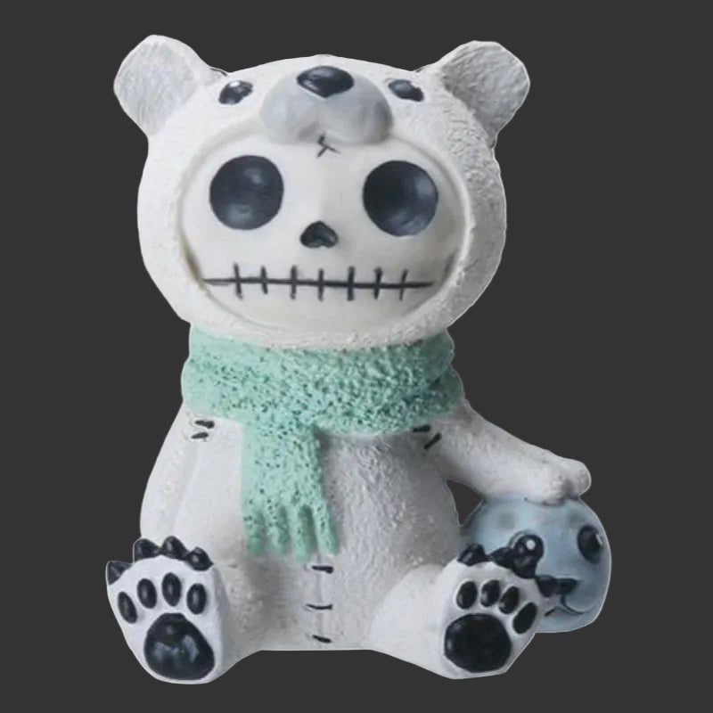 Furrybones Chilton Skeleton winter bear figurine wearing a green scarf on a black background