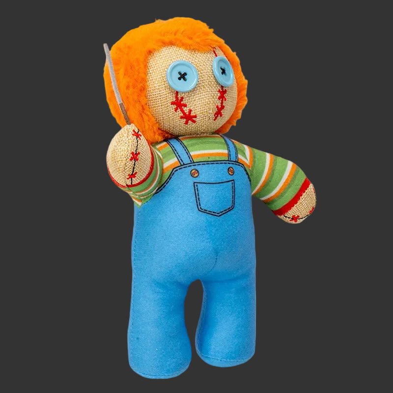 Chucky Pinhead Monster Plush front view, creepy cute horror collectible with burlap texture and stitched details
