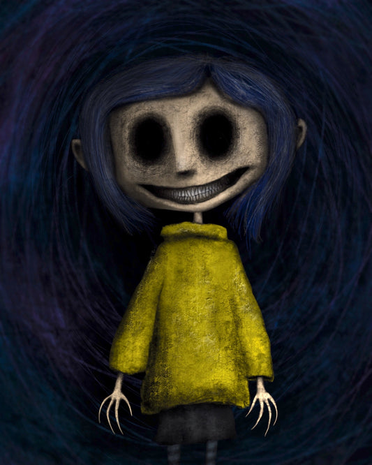 Creeptoons dark horror art print of Coraline reimagined with hollow button eyes, pale cracked skin, a wide unsettling grin, and a yellow raincoat against a swirling dark navy background
