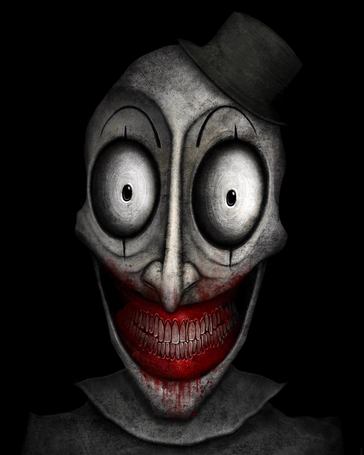 Creeptoons dark horror art print of Art the Clown from Terrifier reimagined with bulging hollow eyes, a wide blood-red toothed grin, cracked pale skin, and a tiny black top hat on a black background