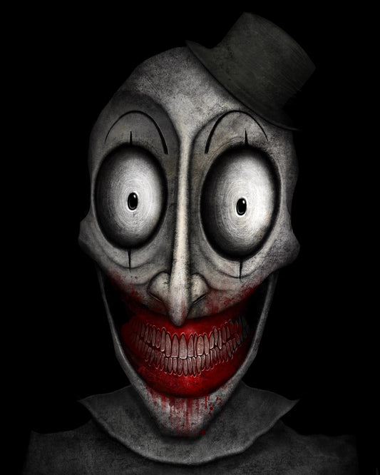 Creeptoons dark horror art print of Art the Clown from Terrifier reimagined with bulging hollow eyes, a wide blood-red toothed grin, cracked pale skin, and a tiny black top hat on a black background