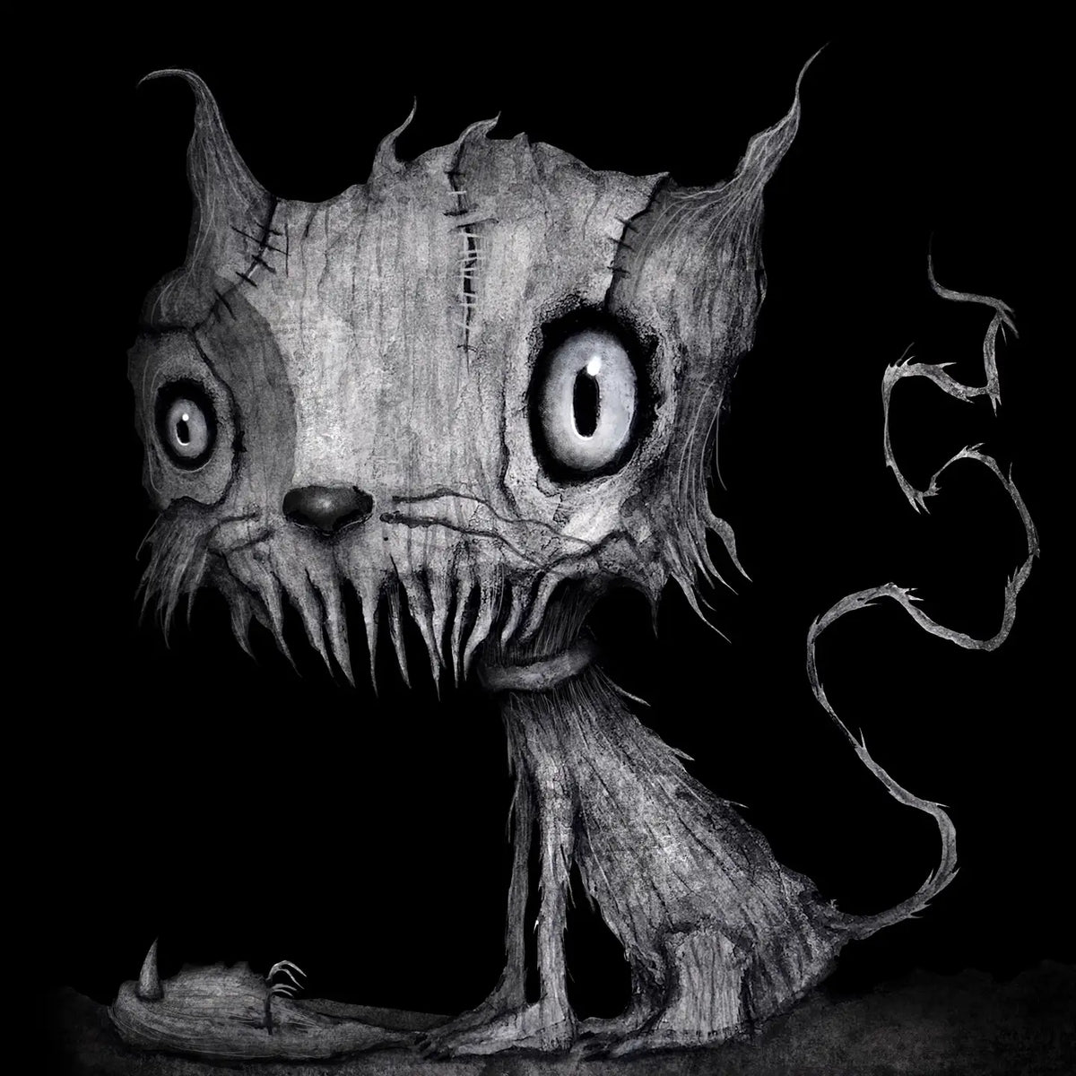 A black and white horror illustration of a stitched, cat-like monster with large round eyes, sharp teeth, and a long thin tail on a solid black background.