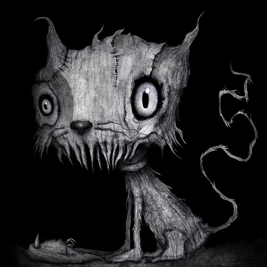 A black and white horror illustration of a stitched, cat-like monster with large round eyes, sharp teeth, and a long thin tail on a solid black background.