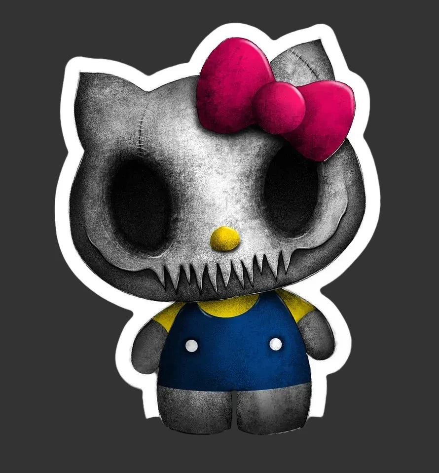 A die-cut vinyl sticker featuring a stylized, horror-themed Hello Kitty design. The character has a distressed, skull-like gray face with hollow black eyes, a small yellow nose, sharp teeth, a vibrant hot pink bow, and blue overalls with yellow sleeves.