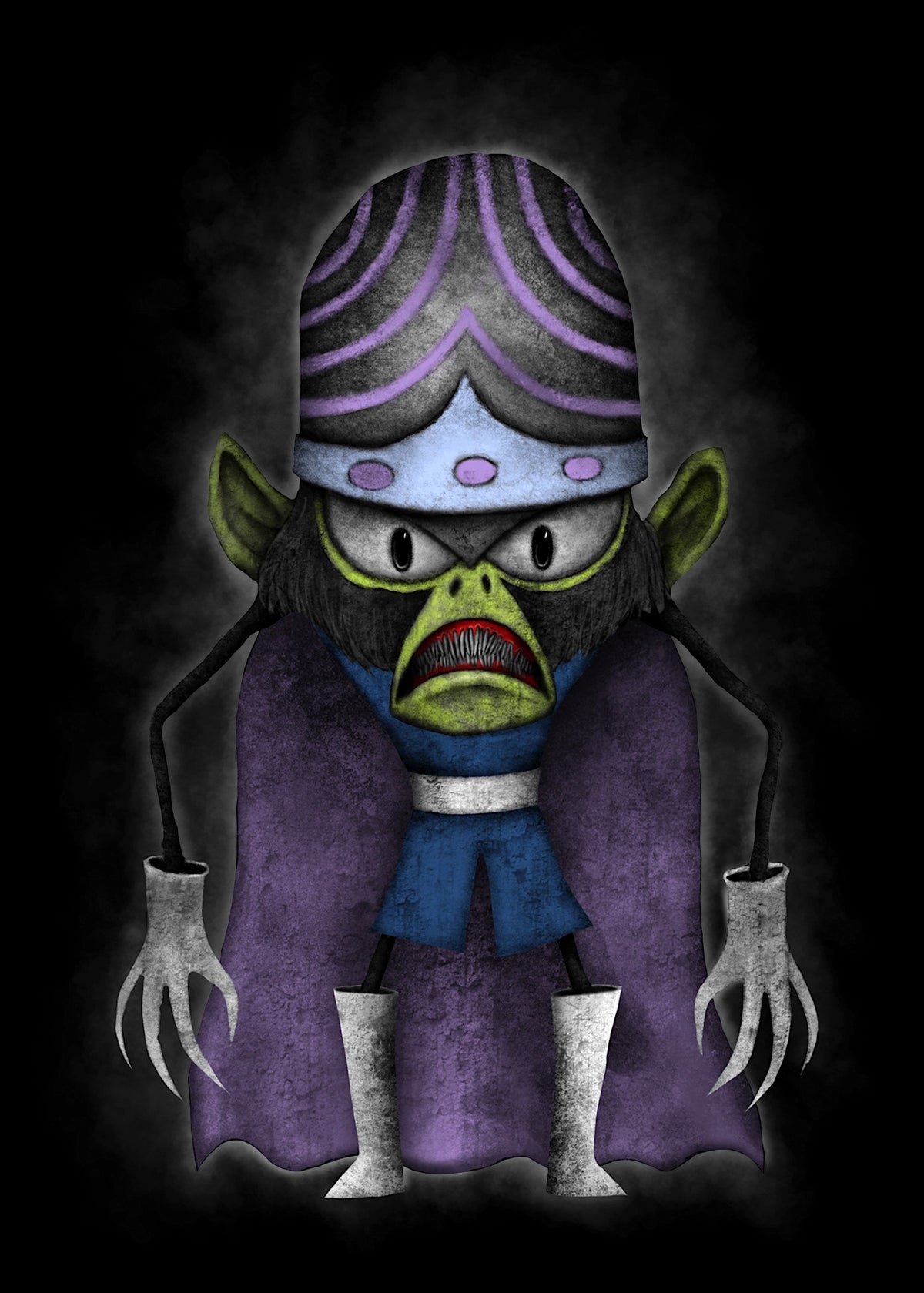 A stylized cartoon/anime character centered on a black background, wearing a purple robe, blue tunic, silver clawed gloves, and a purple-and-gray patterned hat. The face area is obscured by a gray rectangle.