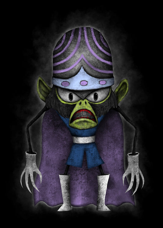 A stylized cartoon/anime character centered on a black background, wearing a purple robe, blue tunic, silver clawed gloves, and a purple-and-gray patterned hat. The face area is obscured by a gray rectangle.