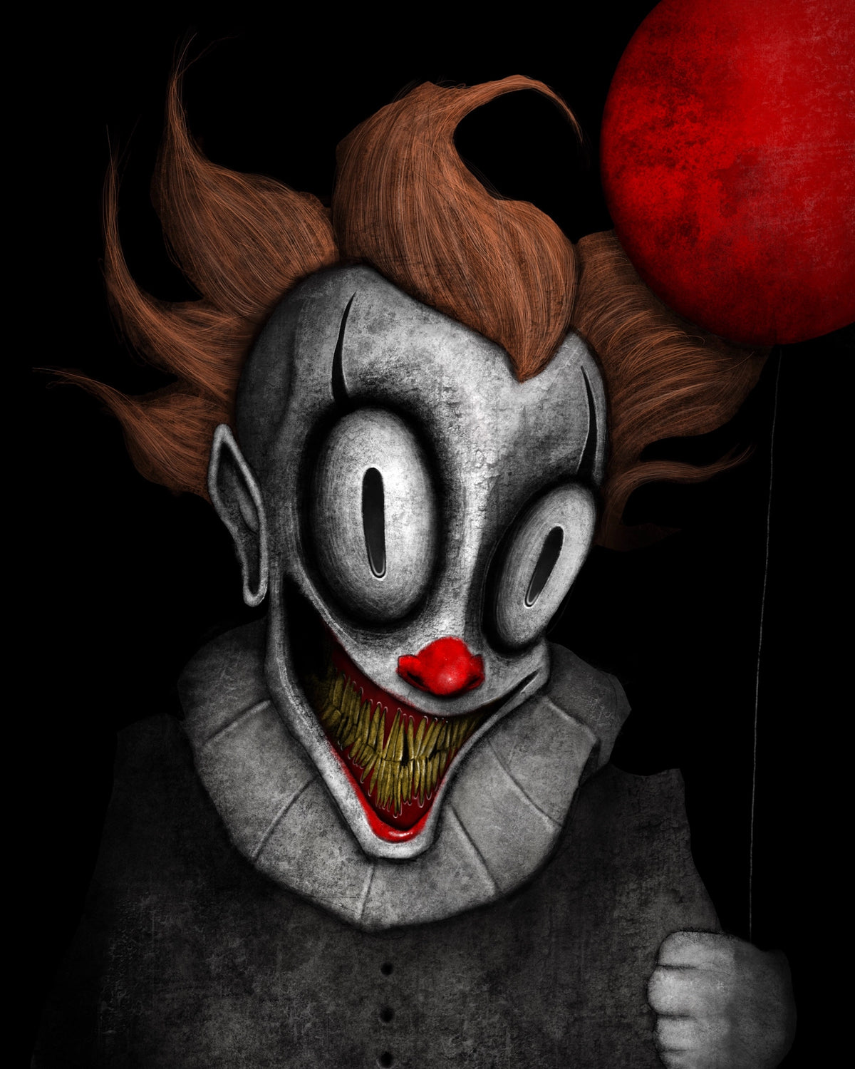 A stylized horror illustration of a clown-like character with exaggerated white eyes, a wide grin showing yellowed teeth, a red nose, and messy reddish-brown hair, holding a large red balloon against a black background.