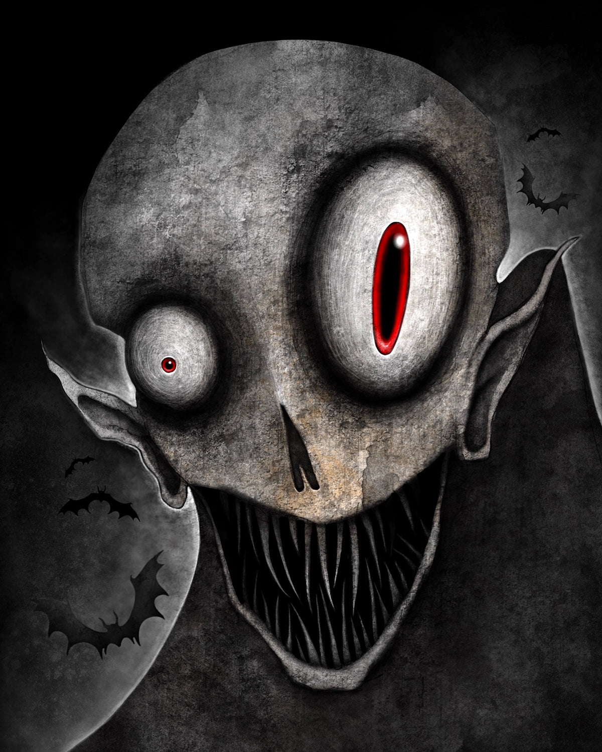 Creeptoons dark horror art print of Vlad reimagined as a grotesque vampire skull with mismatched red slit eyes, a wide jagged grin, pointed ears, and bats swirling in a dark gothic background