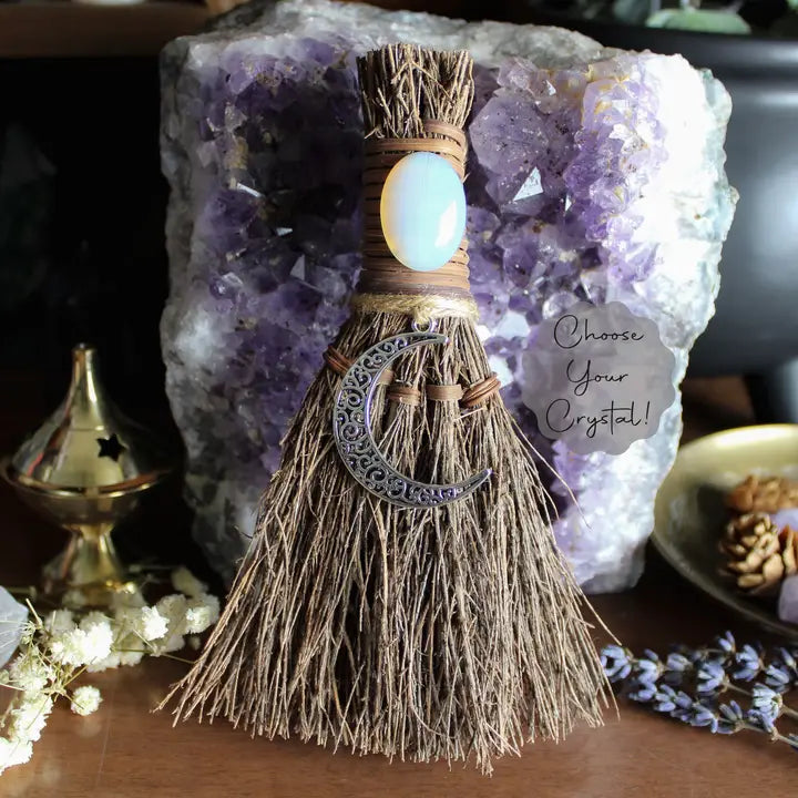 Crescent Moon Witch Besom Broom with Opaline Crystal