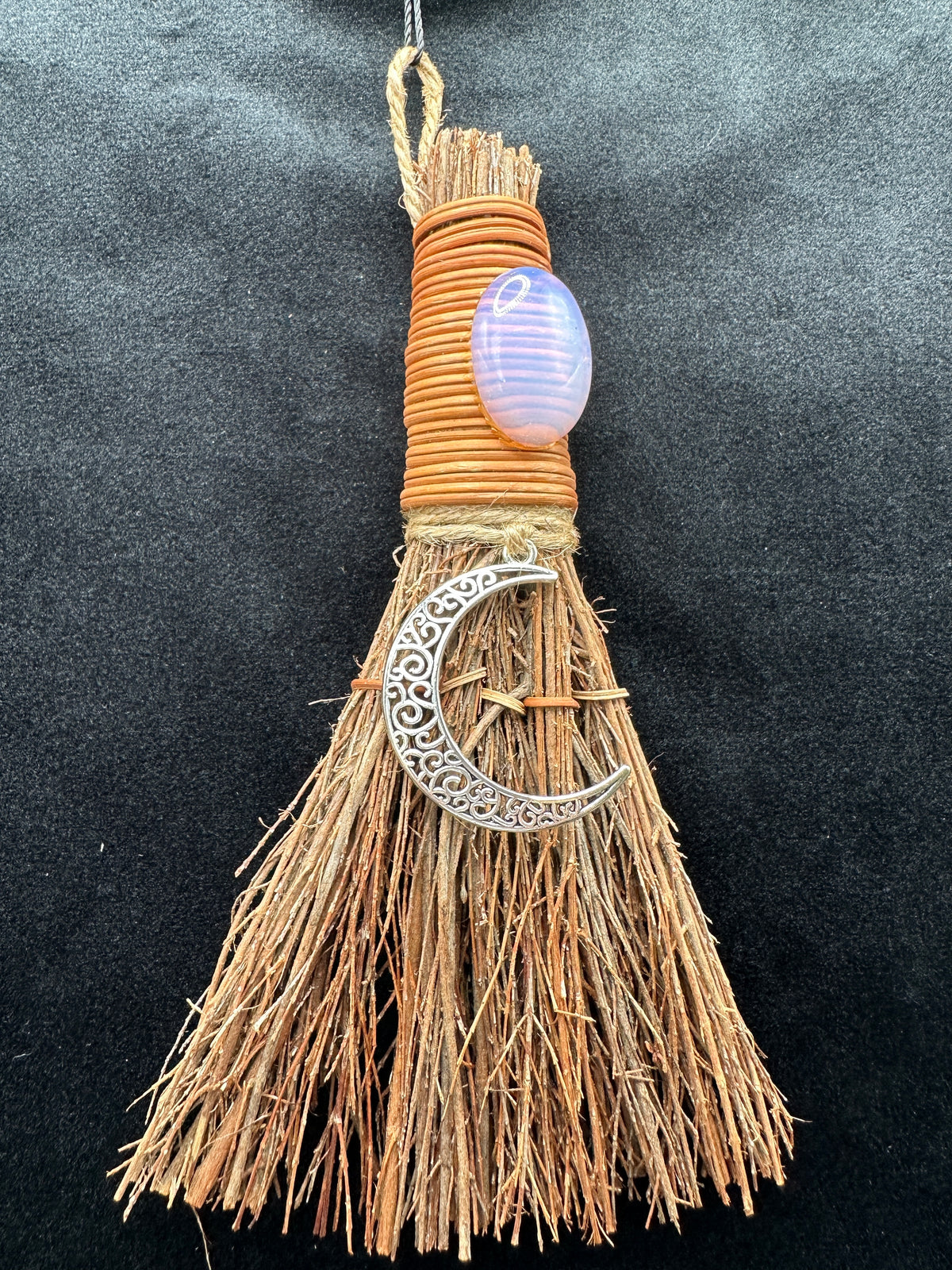 Crescent Moon Witch Besom Broom with Opaline Crystal