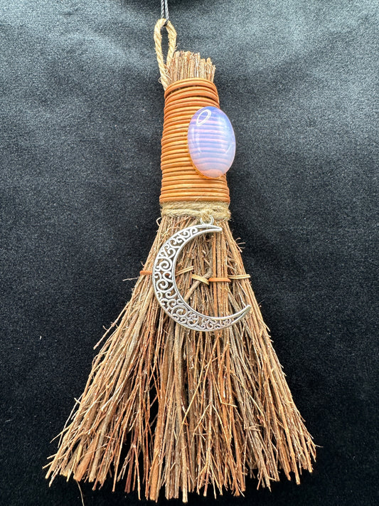 Crescent Moon Witch Besom Broom with Opaline Crystal