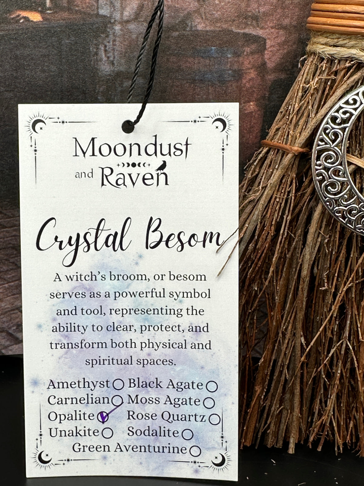 Triple Moon Goddess Witch Besom with Amethyst Crystal